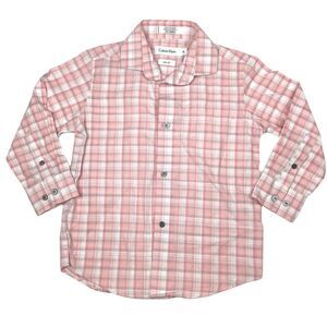 Calvin Klein Long Sleeve Dress Button Up Shirt Pink Plaid Little Boy 5 Slim Fit